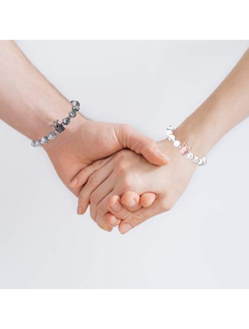 JOERICA 4 Pcs Crown 8mm Beaded Bracelets Relationship Friendship Couple Bracelets Her King & His Queen Distance Stretch Bracelets