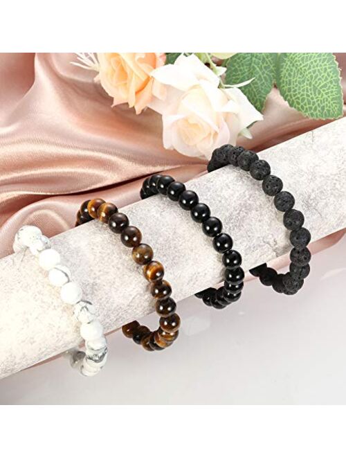 JOERICA 4 Pcs Tiger Eye Bead Bracelet for Men Women Lave Rock Stone White Turquoise Yoga Beads Bracelets Extra Beads Gift