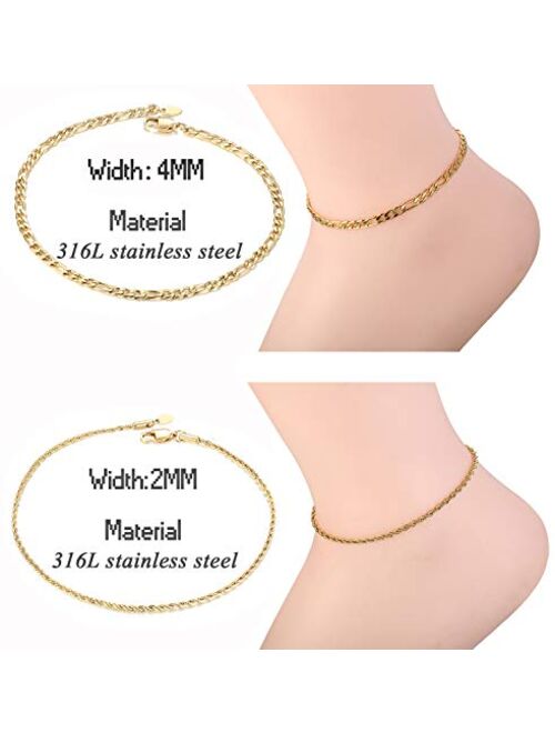 JOERICA 2 Pcs Gold Chain Anklet Bracelet for Men Women Rope Figaro Chain Foot Anklets Stainless Steel Link Set for Beach or Party Foot Jewelry