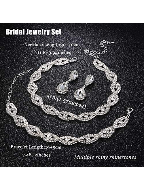 JOERICA Bridal Choker Jewerly Set for Women Silver Bridesmaid Wedding Rhinestone Choker Bracelet and Earrings Set with 5 Pcs Bridal Headband Set