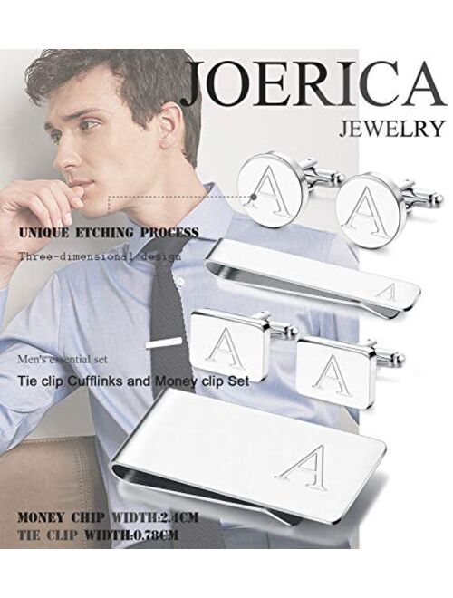 JOERICA 6 PCS Engraved Initial Cufflinks Tie Bar Money Clip Set Shirt Alphabet Letter Wallet Tie Clip and Cufflink Set