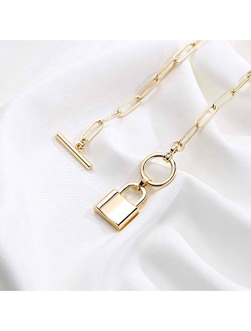 Turandoss Gold Necklaces for Women - 14K Gold Plated Lock Evil Eye Medallion Vintage Coin Necklace Bee Sun Moon Shell Gold Chain Necklace Layered Paperclip Chain Necklace