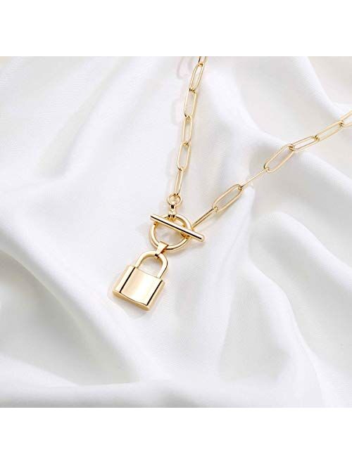 Turandoss Gold Necklaces for Women - 14K Gold Plated Lock Evil Eye Medallion Vintage Coin Necklace Bee Sun Moon Shell Gold Chain Necklace Layered Paperclip Chain Necklace