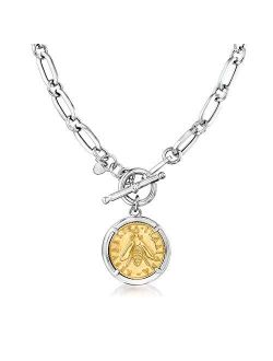 Italian Replica Bee Lira Coin Necklace in Sterling Silver and 18kt Gold Over Sterling