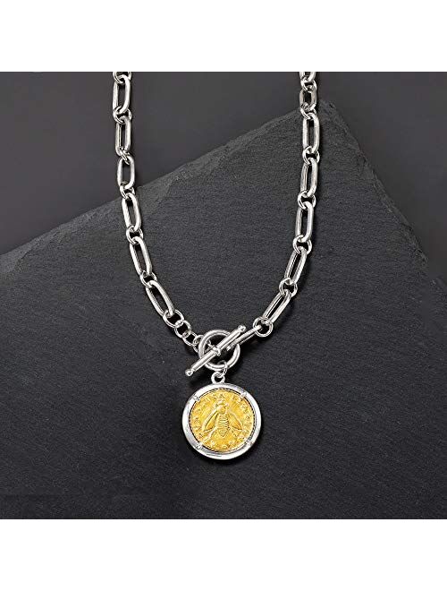 Ross-Simons Italian Replica Bee Lira Coin Necklace in Sterling Silver and 18kt Gold Over Sterling