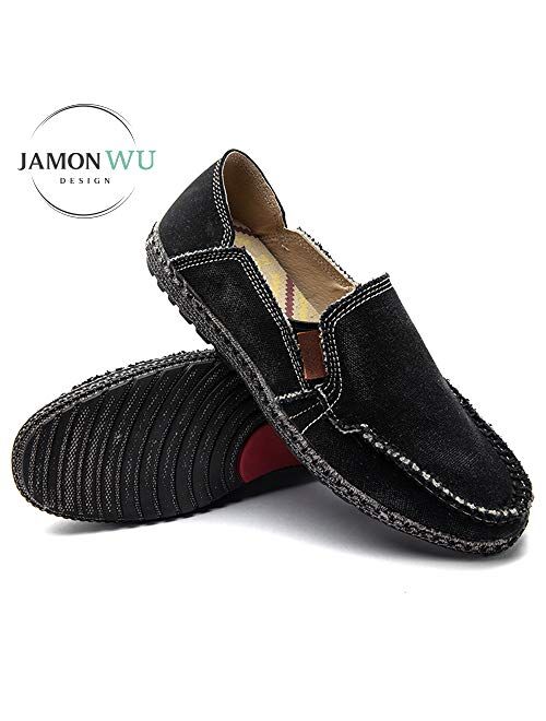 JAMONWU Mens Canvas Shoes Slip on Deck Shoes Boat Shoes Non Slip Casual Loafer Flat Outdoor Sneakers