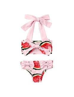 2Pcs Set Toddler Baby Girl Swimsuit Floral Leopard Ruffle Swimwear Bikini Tankini Sunsuit
