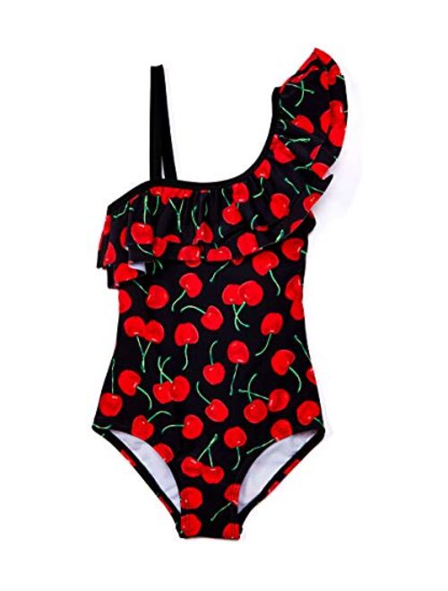 Kanu Surf Girls' Morgan Floral Ruffle One-Shoulder 1-Piece Swimsuit