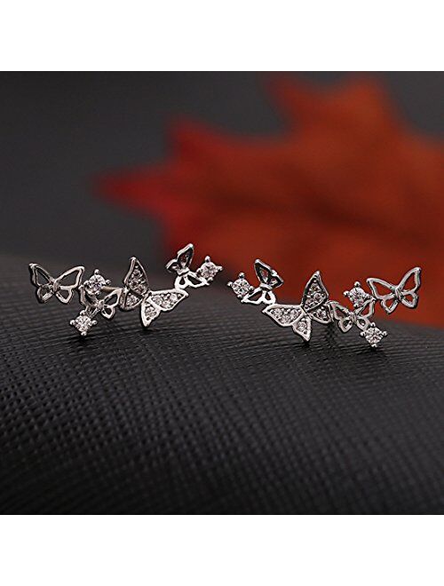 YOQUCOL Silver Tone 3D Butterfly Zirconia Crystal Ear Vine Climber Wrap Earrings For Women Girls