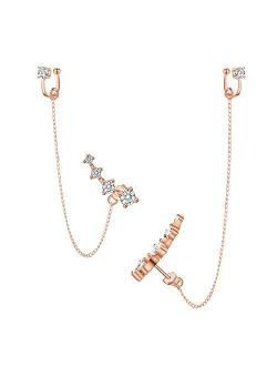 CZ 925 Sterling Silver 14K Gold Plated Ear Crawler Hypoallergenic 4 Crystals Stud Earring with Chain Threader Earrings for Women