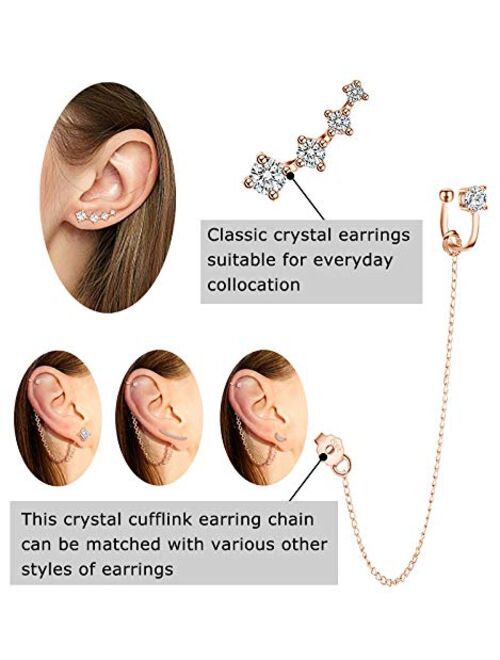 CZ 925 Sterling Silver 14K Gold Plated Ear Crawler Hypoallergenic 4 Crystals Stud Earring with Chain Threader Earrings for Women
