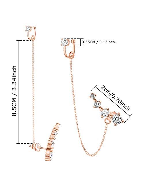 CZ 925 Sterling Silver 14K Gold Plated Ear Crawler Hypoallergenic 4 Crystals Stud Earring with Chain Threader Earrings for Women