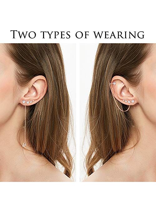 CZ 925 Sterling Silver 14K Gold Plated Ear Crawler Hypoallergenic 4 Crystals Stud Earring with Chain Threader Earrings for Women