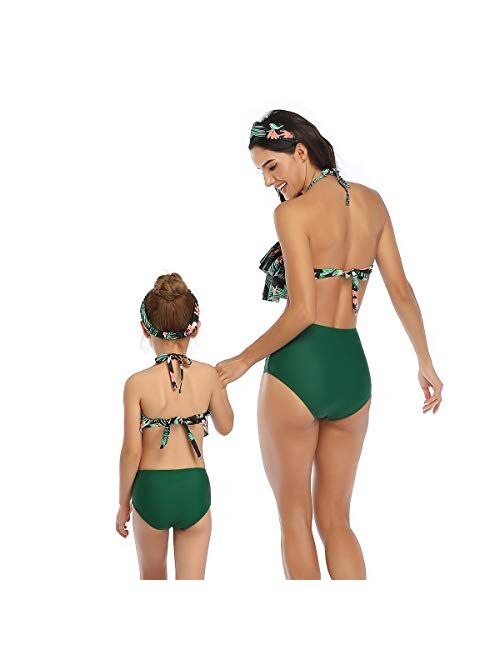 2Pcs Mommy and Me Matching Family Swimsuit Ruffle Women Swimwear Kids Children Toddler Bikini Bathing Suit Beachwear Sets