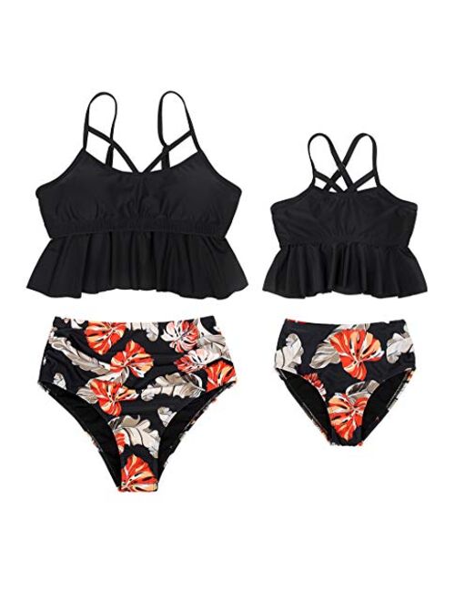 Cotrio Mother and Daughter Swimwear Family Matching Swimsuit Girls Two Pieces Bikini Set Falbala Bathing Suits