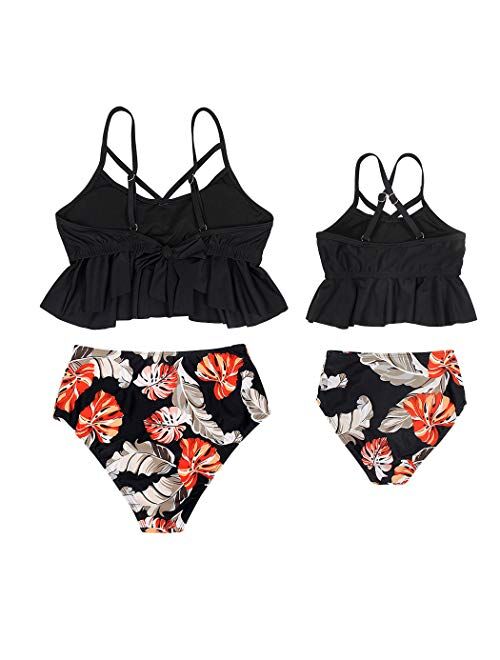 Cotrio Mother and Daughter Swimwear Family Matching Swimsuit Girls Two Pieces Bikini Set Falbala Bathing Suits