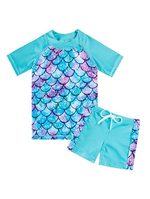 AIDEAONE 3-8 Years Girls UPF 50+ Rash Guard Set Short Sleeve Two Piece Swimsuit Bathing Suit Beach Swimwear