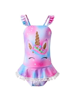 MHJY Girls One Piece Swimsuits Swimwear Unicorn Mermaid Bathing Suit Ruffle Beachwear with Pompoms