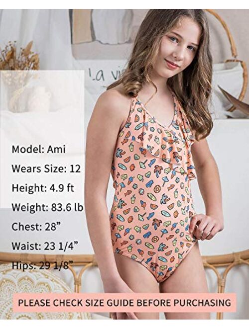 AS ROSE RICH Girls Swimsuits - Bathing Suits for Girls 7-16 UPF50+ One Piece Ruffle Swimwear