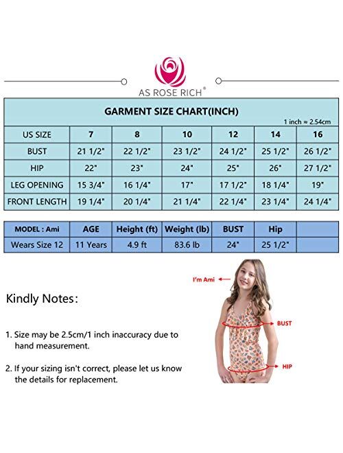 AS ROSE RICH Girls Swimsuits - Bathing Suits for Girls 7-16 UPF50+ One Piece Ruffle Swimwear