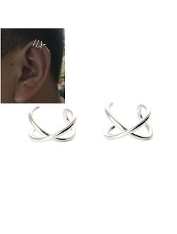 HOMEYU 925 Sterling Silver No Piercing Ear Cuffs Criss Cross Lines Ear Cuff for Upper Ear Cartilage,Fake Conch Earring 1 Pair