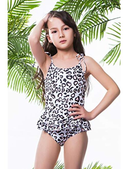 Girls One-Piece Swimsuit Adjustable Straps Tankini Swimwear Ruffled Bathing Suit with Sun Protection 3-9 Years Old