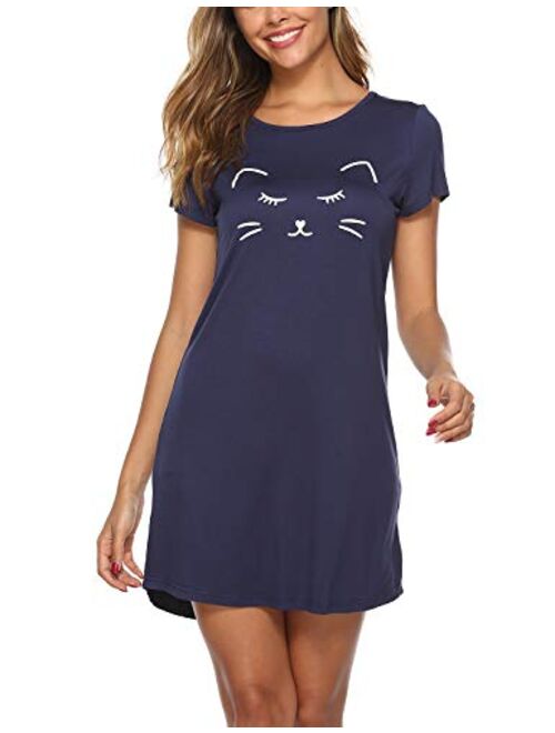 EISHOPEER Women's Sleepwear Cute Printed Cotton Sleep Shirts Short Sleeve Scoop Neck Nightgown S-XXL