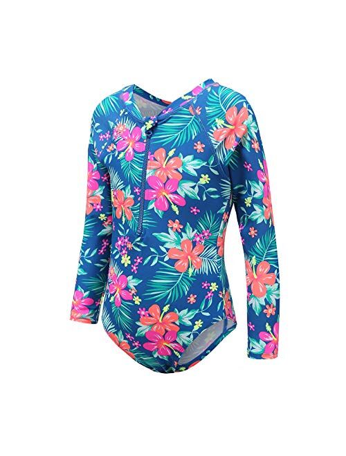 Girls Long Sleeve Rash Guard One Piece Swimsuit Kids UPF 50+ Sun Protection Swimwear Rainbow Striped Bathing Suit 3-14 Years