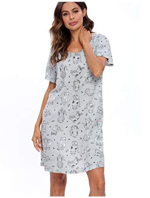 ENJOYNIGHT Womens' Short Sleeve Nightgown Print Sleep Dress Cute Sleepwear