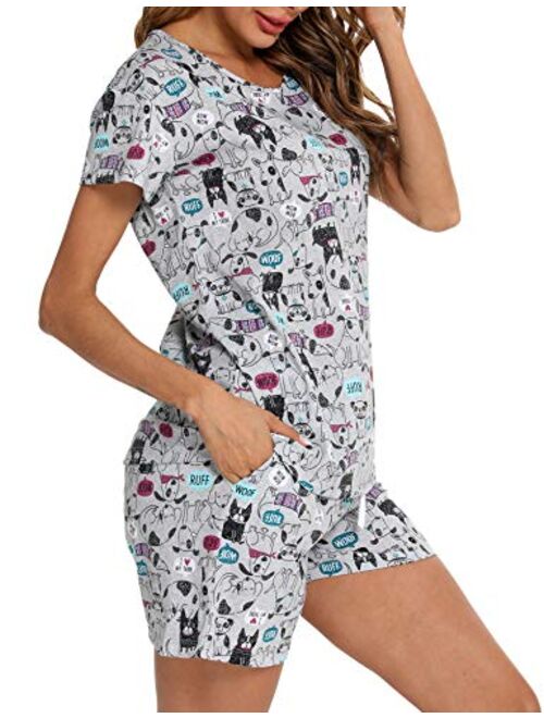 ENJOYNIGHT Womens Cute Sleepwear Print Tee and Shorts Pajama Set with Pockets