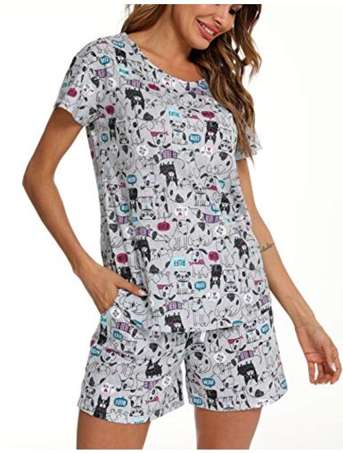 ENJOYNIGHT Women's Cute Sleepwear Print Tee and Shorts Pajama Set with Pockets
