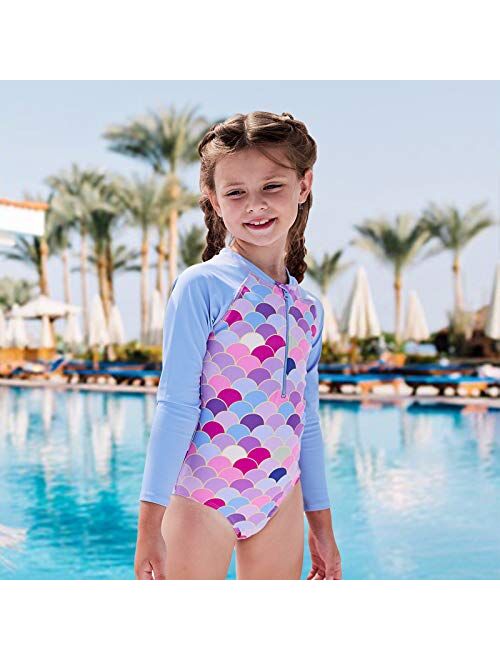 Moon Tree Girls One Piece Swimsuits Long Sleeve Rash Guard Zipper Front Bathing Suit UPF 50+
