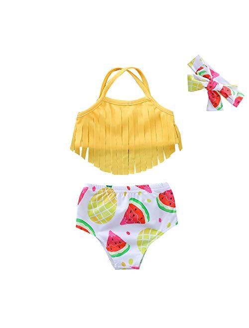Toddler Girls Summer Halter Tassel Swimsuit Bikini Backless Split Hair Ball Striped Triangle Beach Swimwear