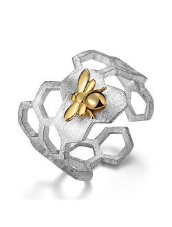 Gift for Christmas Lotus Fun 925 Sterling Silver Rings Handmade Unique Thumb Ring Natural Honeycomb Bee Open Ring Honeycomb Home Guard Jewelry Gift for Women and Girls