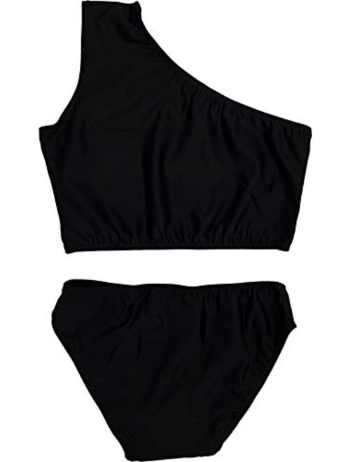 Cheryl Creations Kids Girl's Black Cute & Comfortable Two Piece One Shoulder Bathing Suit Bikini | Swimsuit
