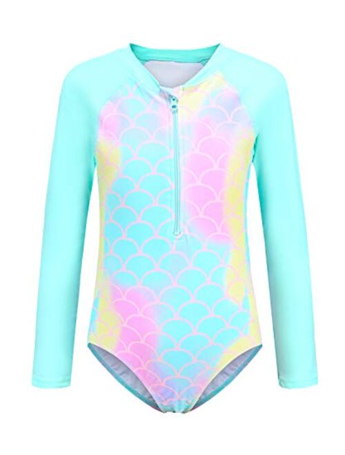 Girls Rash Guard Long Sleeve One Piece Swimsuits Stripes Zipper Bathing Suits UPF 50+/Sun Protection