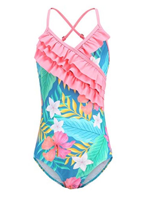 Mardonskey Girls One Piece Swimsuits Hawaiian Ruffle Swimwear Beach Bathing Suit for Summer Vacation