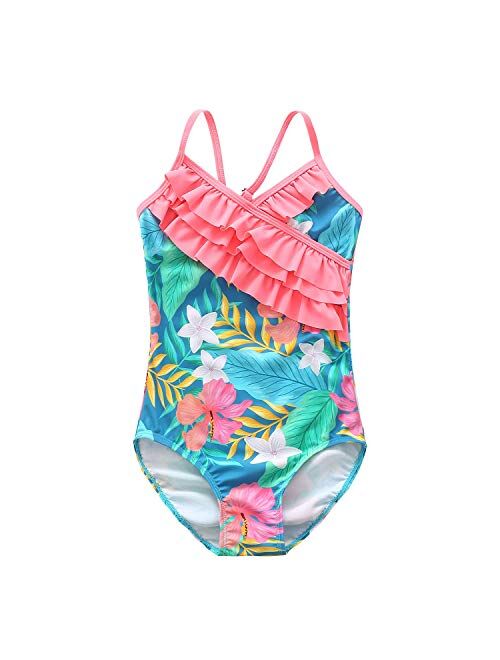 Mardonskey Girls One Piece Swimsuits Hawaiian Ruffle Swimwear Beach Bathing Suit for Summer Vacation