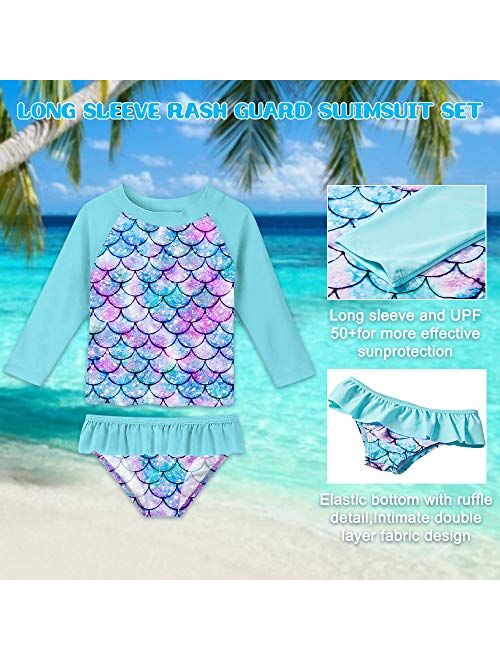 Enlifety Little Girls Rash Guard Swimsuit Set Ruffled Long Sleeve Bathing Suits Beachwear with UPF 50+ Sun Protection 2-8T