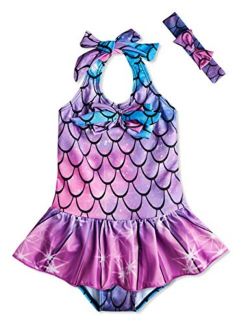 RAISEVERN Baby Girls One Piece Swimsuit Beach Bathing Suit Ruffles Mermaid Swimwear with Headband 1-5T