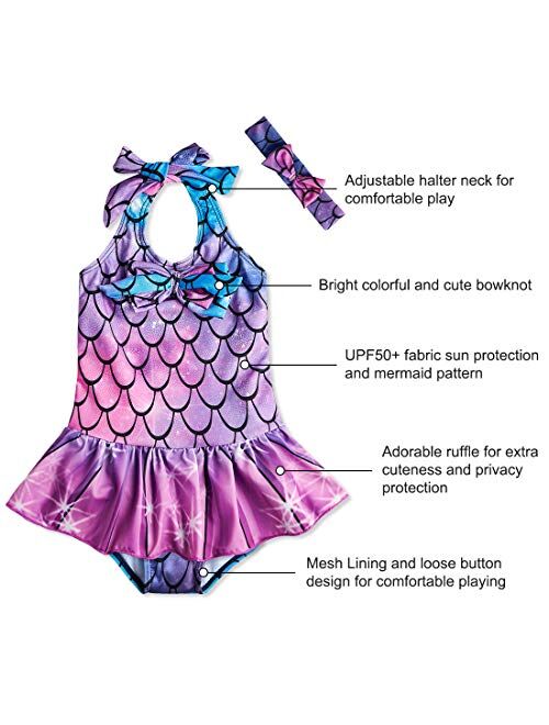 RAISEVERN Baby Girls One Piece Swimsuit Beach Bathing Suit Ruffles Mermaid Swimwear with Headband 1-5T