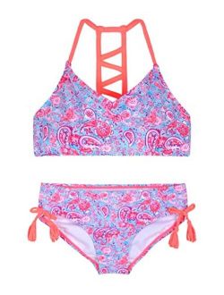 Girl's Strappy Bikini Set Two Piece Swimsuits Side Tie Hipster Swimwear Tassels Tankini Set