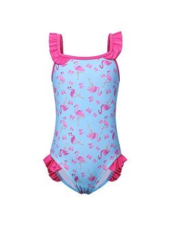 Girl's Athletic One Piece Swimsuit Stripe/Floral Bathing Suit Ruffle Swimwear