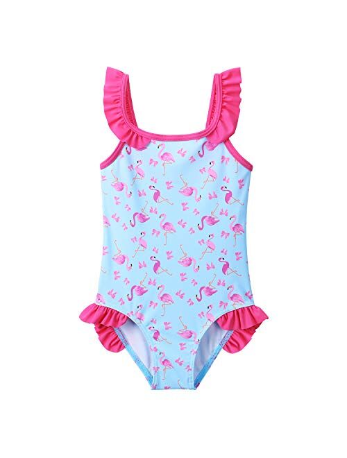 Girl's Athletic One Piece Swimsuit Stripe/Floral Bathing Suit Ruffle Swimwear