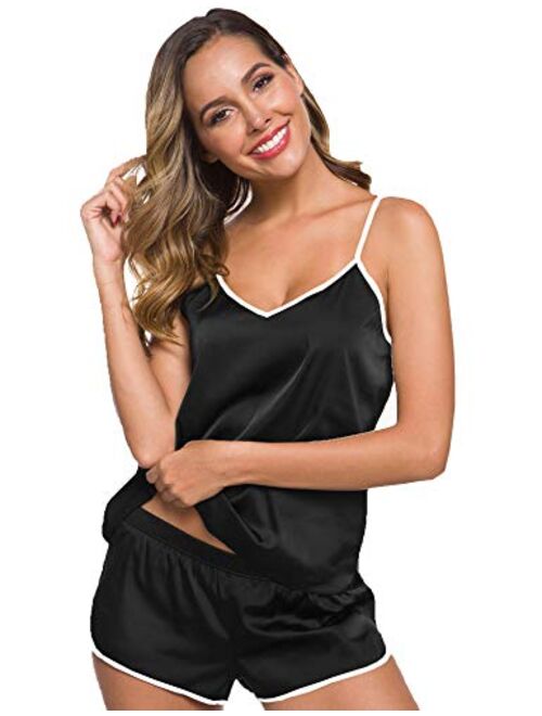 SWOMOG Womens V Neck Sexy Lingerie Silk Satin Pajamas Cami Shorts Set Nightwear