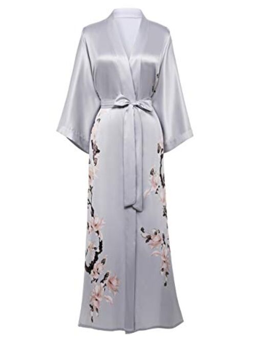 BABEYOND Kimono Robe Cover up Long Floral Satin Sleepwear Silky Bathrobe Bachelorette Robe