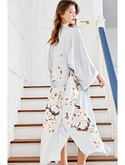 BABEYOND Kimono Robe Cover up Long Floral Satin Sleepwear Silky Bathrobe Bachelorette Robe