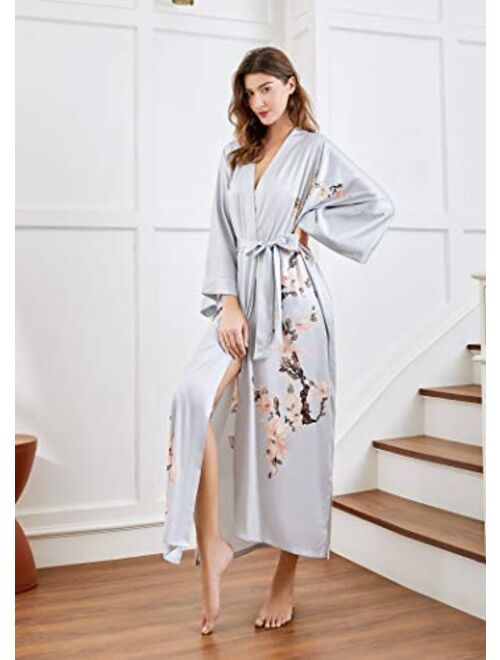 BABEYOND Kimono Robe Cover up Long Floral Satin Sleepwear Silky Bathrobe Bachelorette Robe