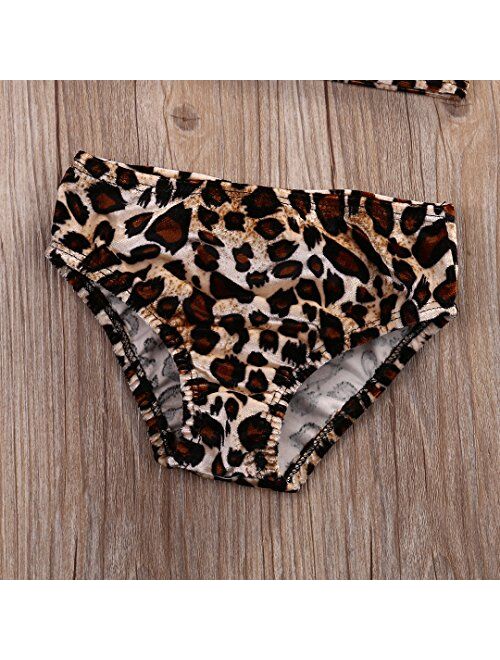 Kids Baby Girls 3pcs Leopard One Shoulder Vest Panties Bowknot Bikini Set Swimsuit Bathing Suit