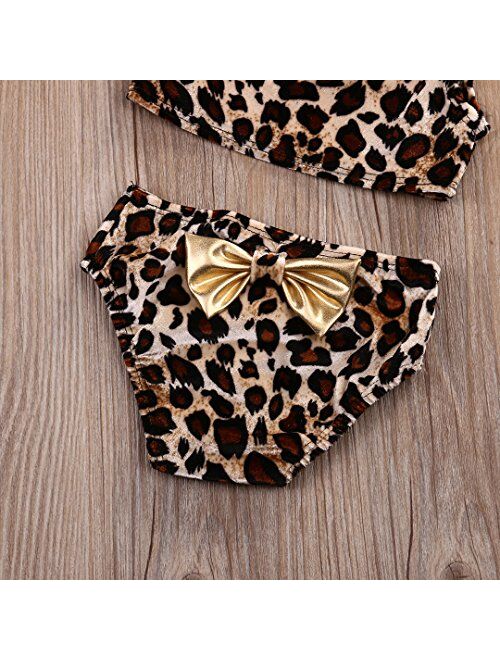 Kids Baby Girls 3pcs Leopard One Shoulder Vest Panties Bowknot Bikini Set Swimsuit Bathing Suit